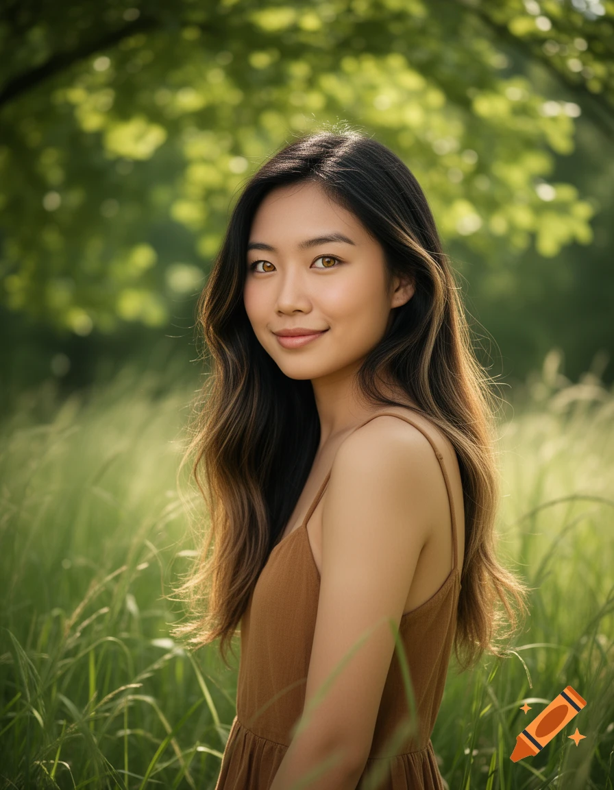 Young East Asian woman with long brown hair smiling in a sunlit green field.