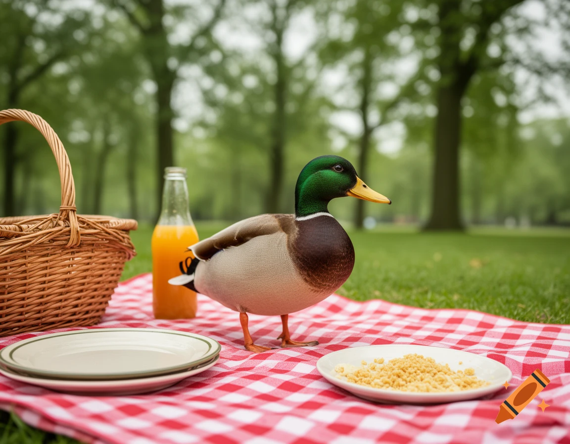 A photorealistic mallard duck stands on a red and white checkered picnic blanket in a grassy park, near a picnic basket, plates, and a bottle of juice.
