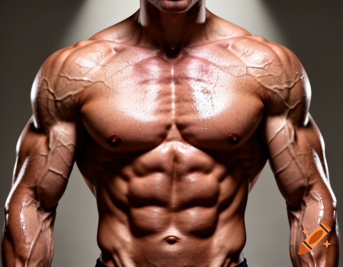 Close-up of a very muscular male torso with prominent veins and sweat, captured with dramatic lighting.