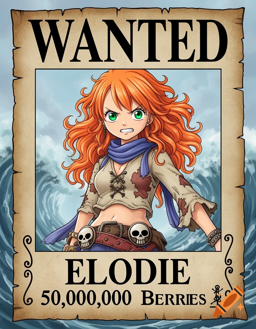 An anime-style wanted poster depicts a fierce orange-haired female character named Elodie with green eyes, a bare midriff, and a blue scarf, set against a stormy ocean backdrop.