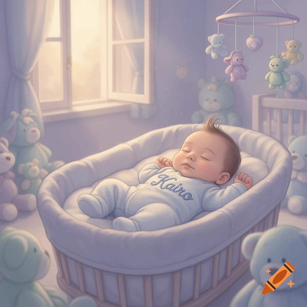 A cute baby named Kairo sleeps peacefully in a white crib in a soft, illustrated nursery surrounded by teddy bears.