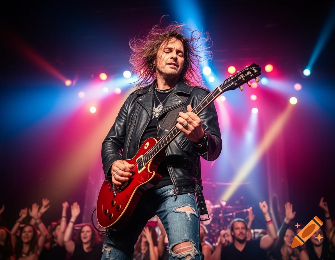 A long-haired rock guitarist in a leather jacket plays a red electric guitar on stage, illuminated by vibrant red and blue spotlights, with a cheering audience in the blurry background.