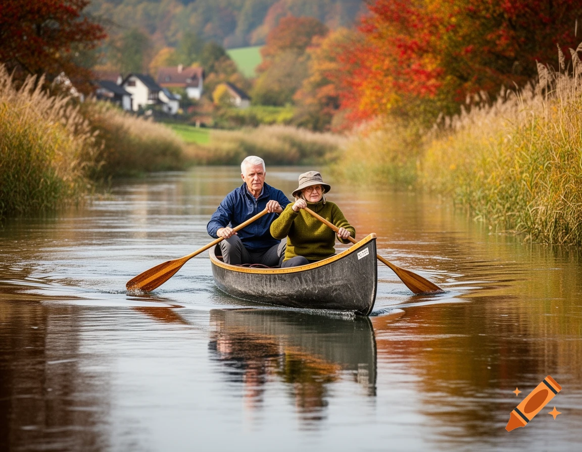 An elderly couple paddles a canoe on a calm river surrounded by autumn trees and tall grasses.