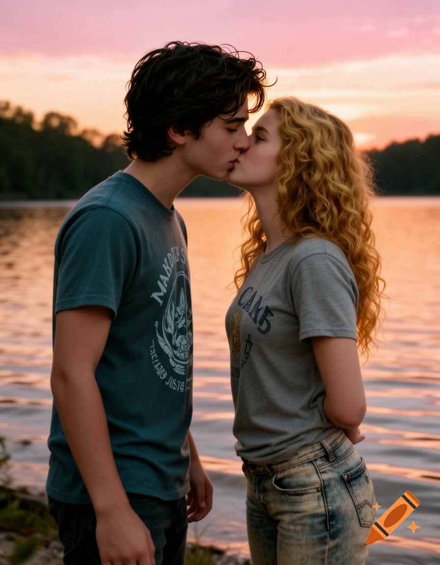 A young couple kissing by a lake at sunset, with a vibrant pink and orange sky.