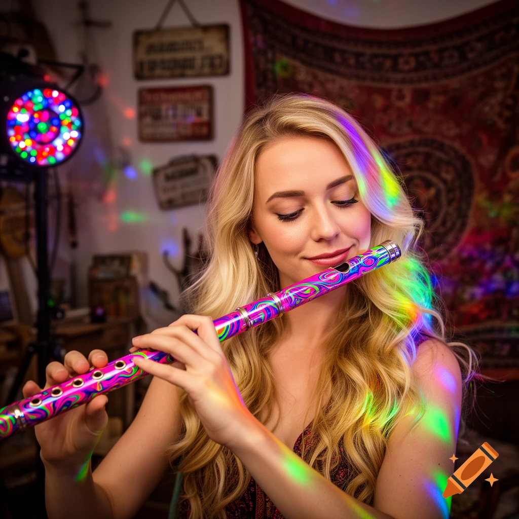 A blonde woman plays a psychedelic patterned flute under colorful disco lights in a photorealistic style.