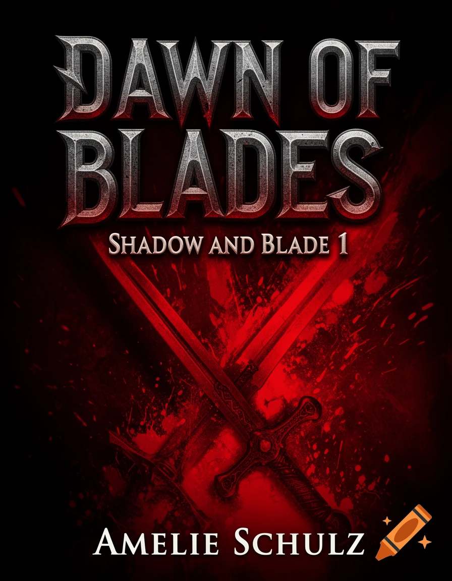 Book cover for 'Dawn of Blades' with two crossed swords over a blood-red splattered background.
