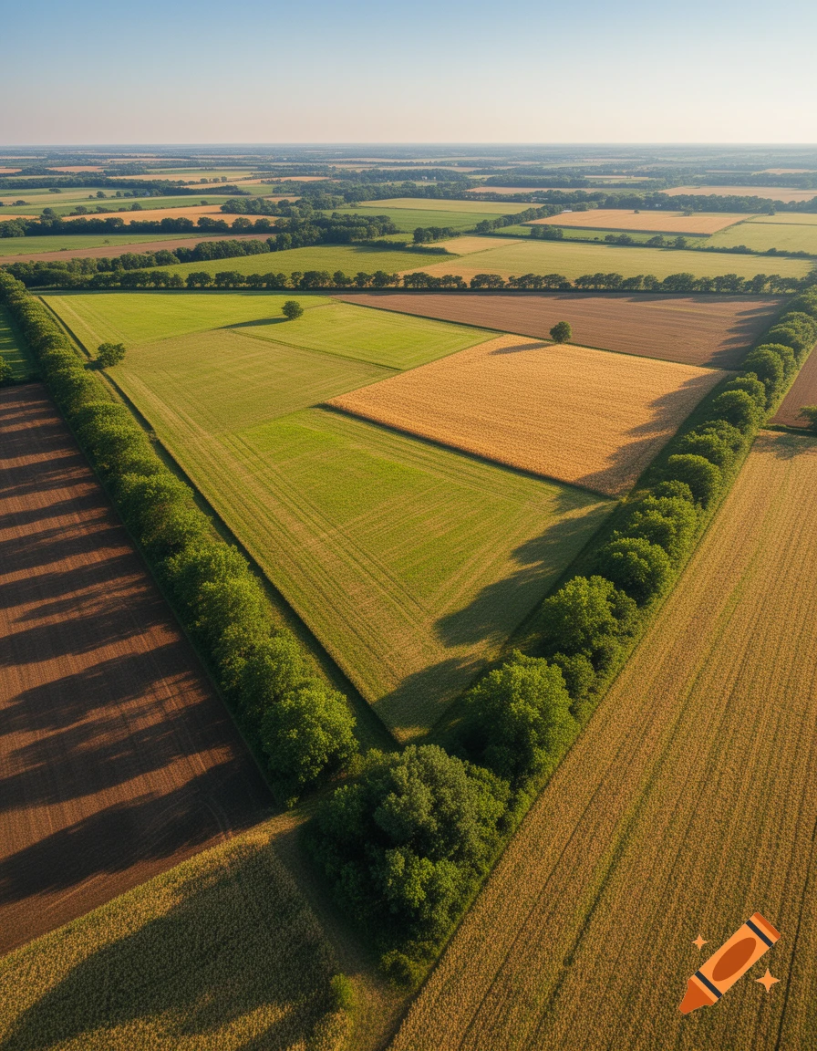 Aerial view of a patchwork of green and golden agricultural fields separated by rows of trees under a clear sky.
