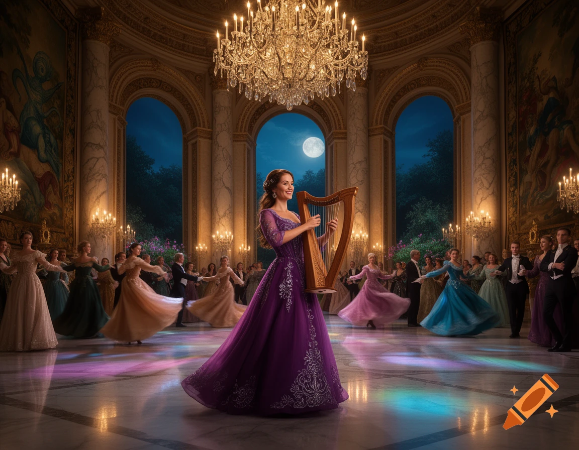 A woman in a purple gown plays a golden harp in a grand, chandelier-lit ballroom where couples in formal attire dance under a full moon.