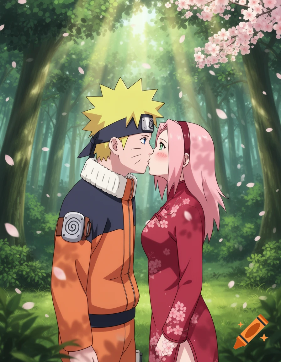 Anime style image of Naruto and Sakura kissing passionately in an enchanted forest with falling cherry blossoms.