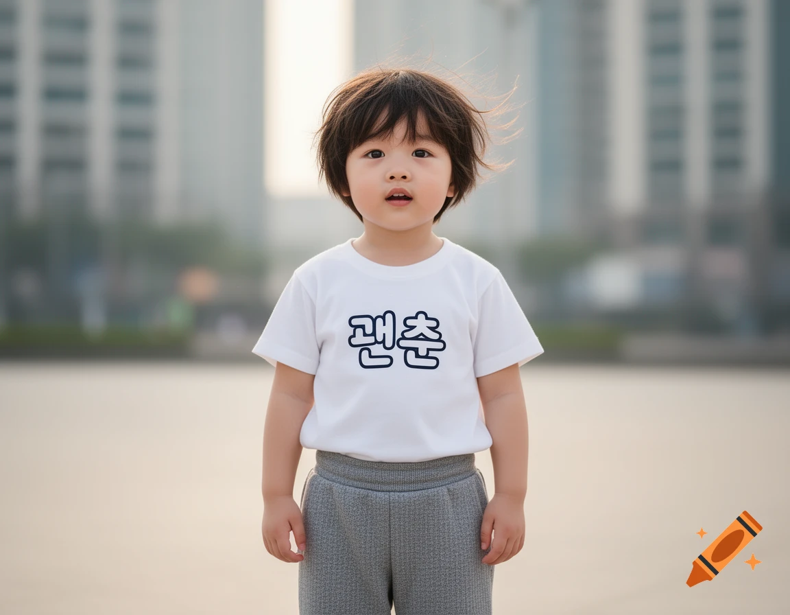 A young child stands facing forward, wearing a white t-shirt with Korean text and grey sweatpants, against a blurry urban background.
