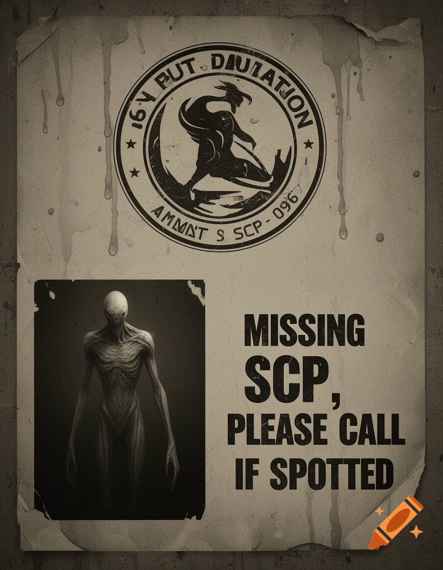 A distressed vintage-style missing poster featuring a stylized circular logo, a grayscale photo of the emaciated creature SCP-096, and text that reads "MISSING SCP, PLEASE CALL IF SPOTTED".