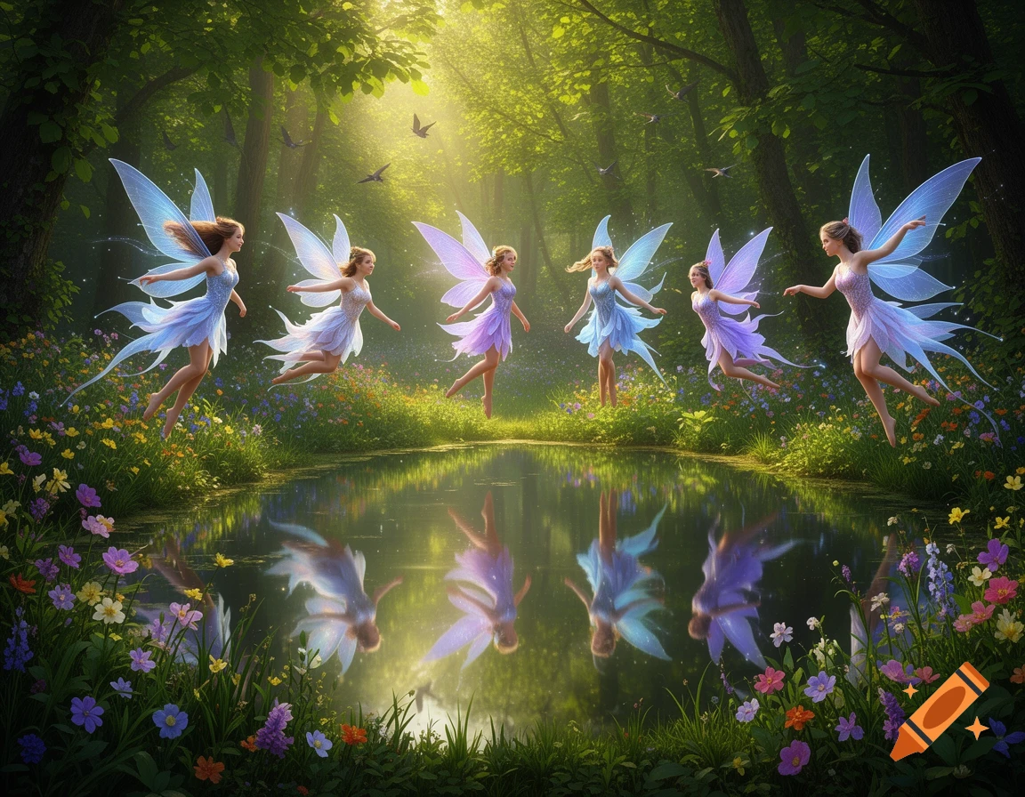 Six luminous fairies with blue and purple wings float and dance around a sun-dappled forest pond surrounded by colorful wildflowers.