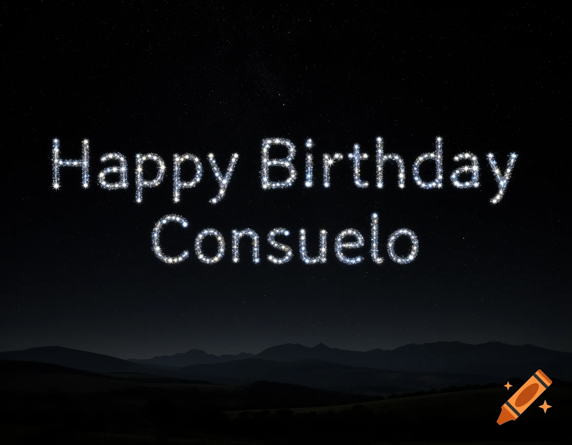 "Happy Birthday Consuelo" written in sparkling, starry lights against a dark night sky with silhouetted mountains.