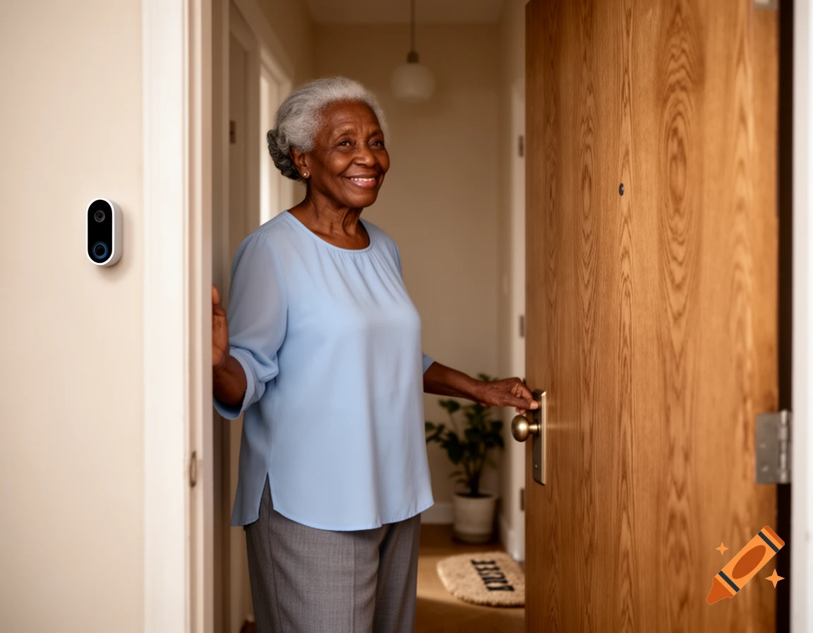 An elderly Black woman smiles while opening her apartment door, next to a white doorbell camera.