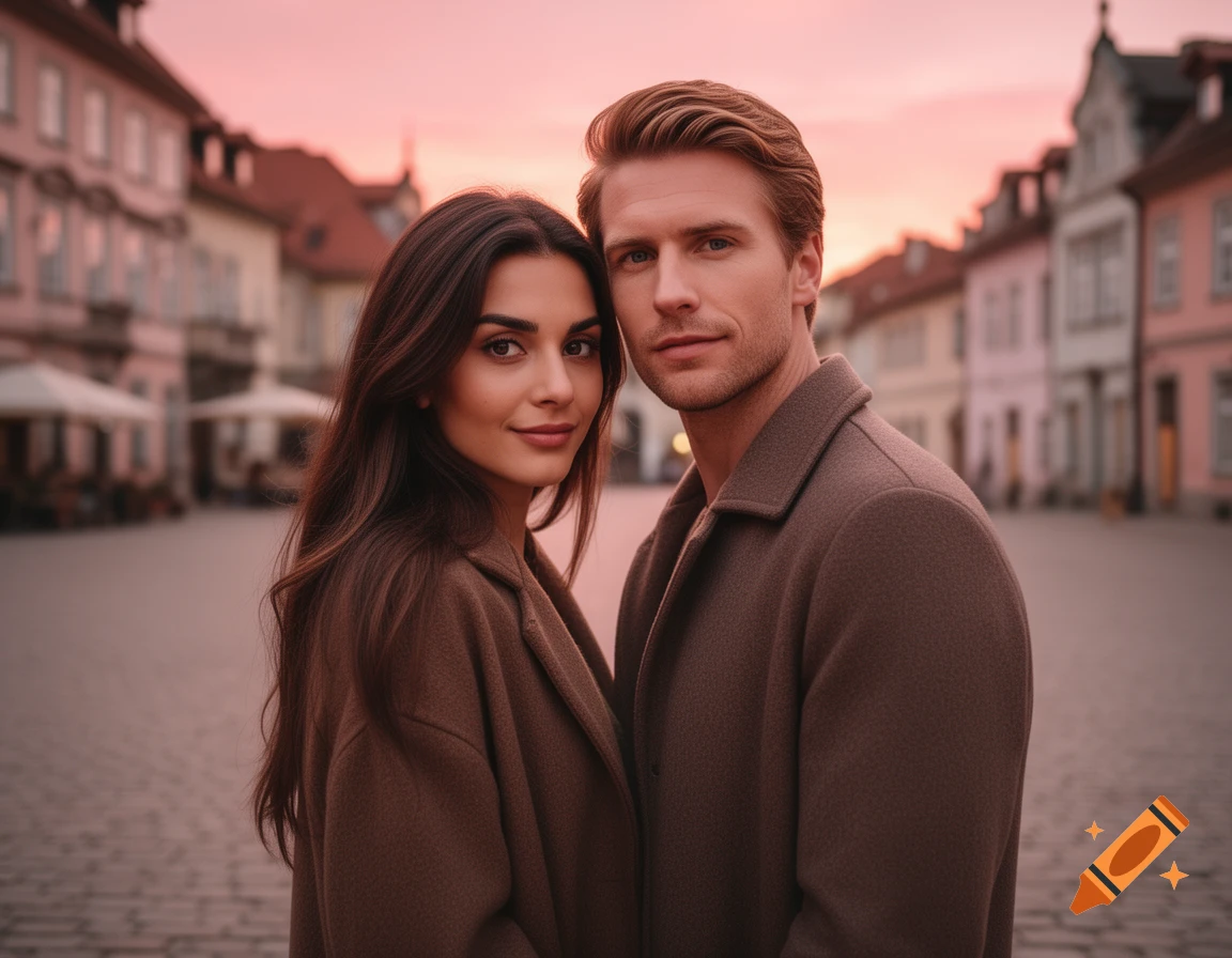 A photorealistic portrait of a man and woman in coats, standing closely on a European street at sunset.