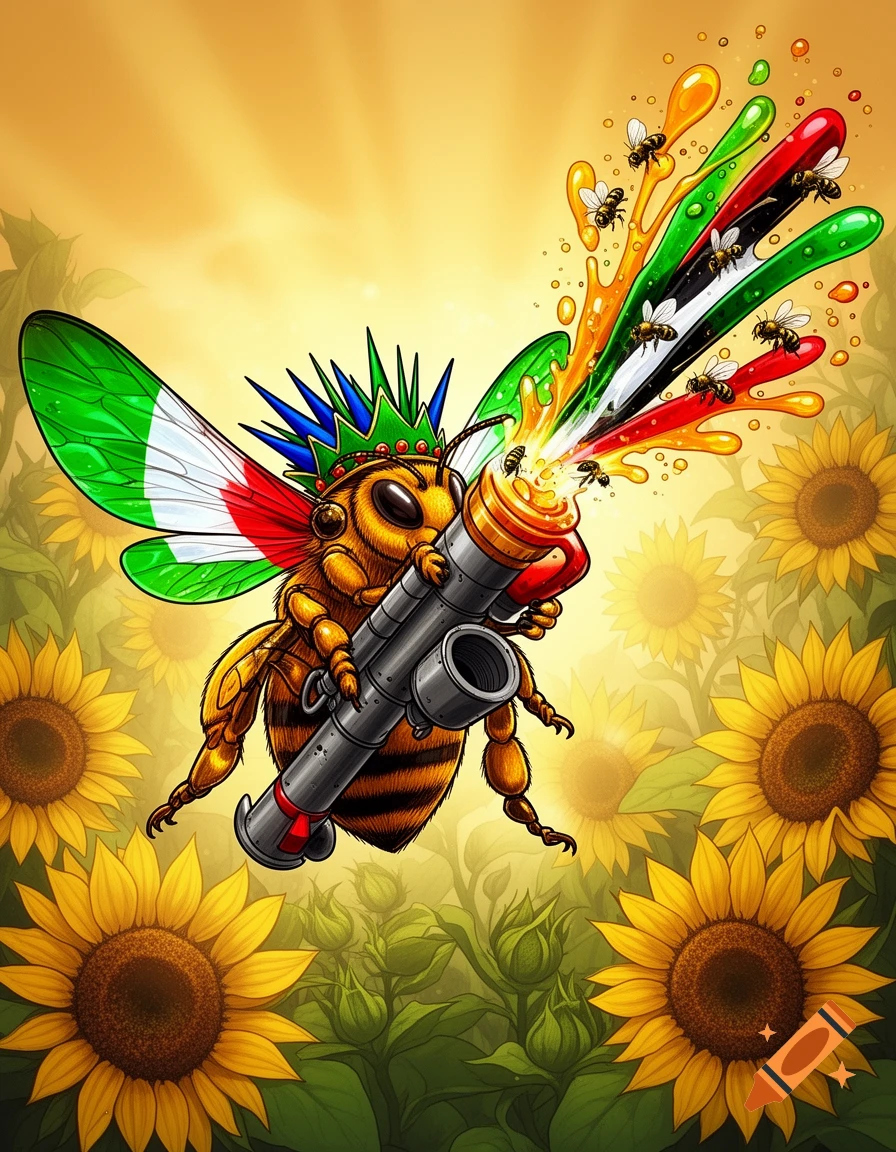 A cartoon punk queen bee with an Italian flag wing holds a rocket launcher spraying bees and honey in Palestinian flag colors amidst sunflowers.