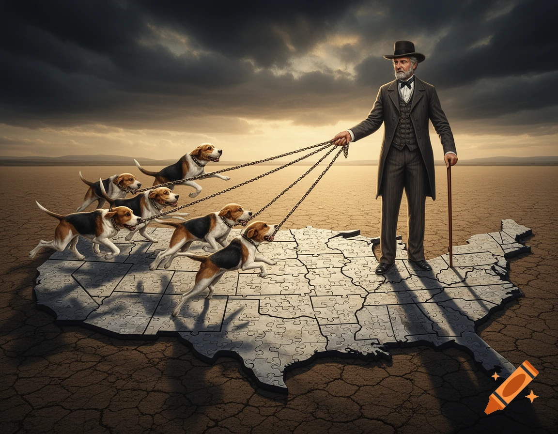 A man in a suit and top hat stands on a puzzle-piece map of the US, holding leashes attached to six running dogs in a barren landscape under a dramatic sky.
