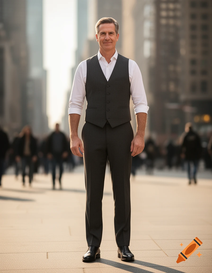 Photorealistic portrait of a man in a white shirt and gray vest, standing on a city street with blurred buildings in the background.