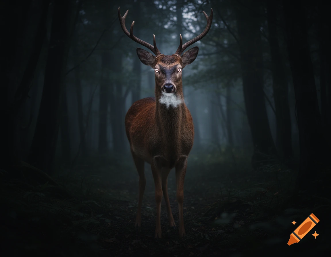 A deer with glowing white eyes and mist from its nostrils stands in a ...