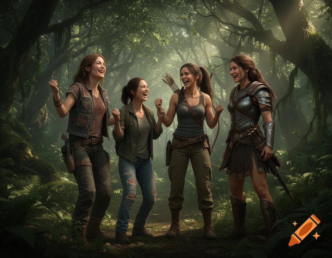 Four jubilant women in adventure and fantasy attire celebrate in a sun-dappled, lush green jungle.