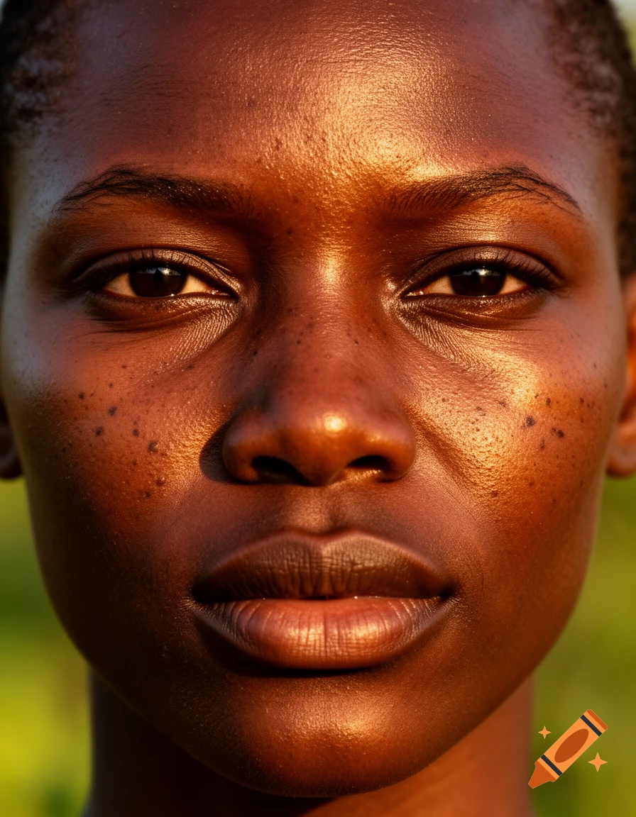 A close-up, photorealistic portrait of a person with dark skin and freckles, highlighted by warm light.