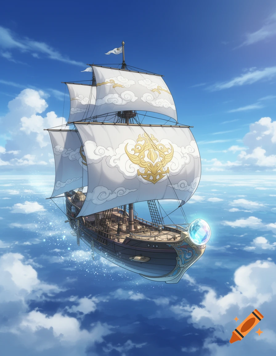 An anime-style flying ship with white sails and golden patterns, an ornate hull, and a glowing orb on its bow, floats through a blue sky with white clouds.
