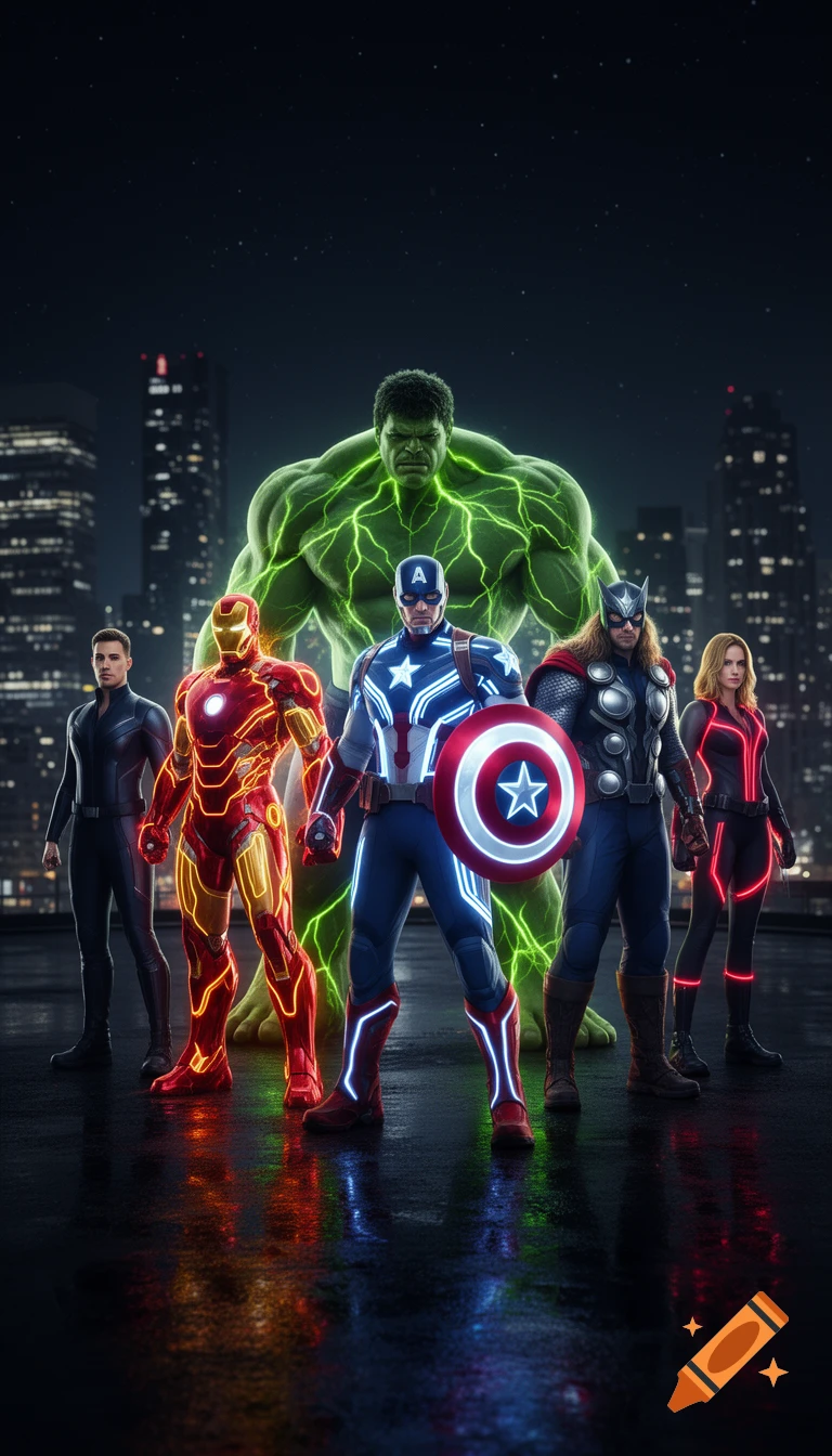 The Avengers superheroes, including glowing Hulk, Iron Man, Captain America, Thor, and Black Widow, stand on a wet city rooftop at night with neon-lit suits.