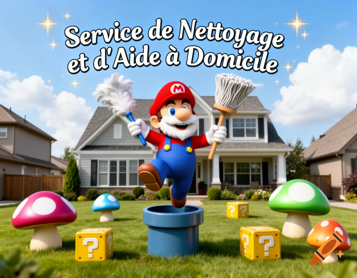 A Mario-like character with a duster and mop stands on a pipe in a lawn with houses. Text reads 'Service de Nettoyage et d'Aide à Domicile'.