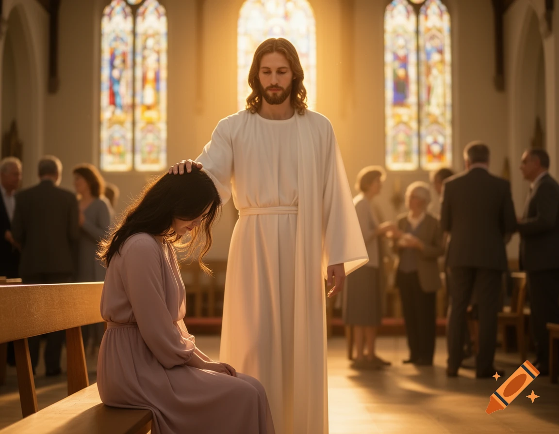 Jesus comforts a woman by placing his hand on her head inside a church with warm light and stained-glass windows.
