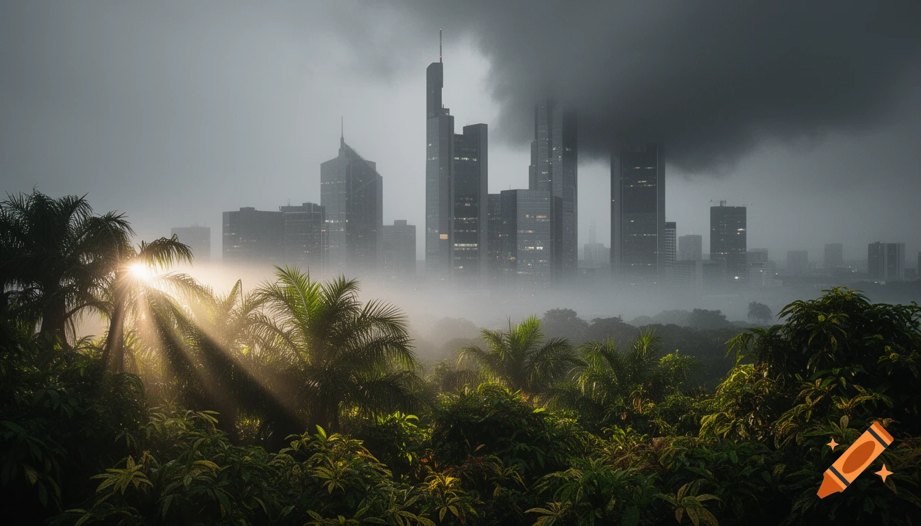 Cinematic view of Frankfurt am Main skyscrapers in dense fog under dark clouds, with bright golden sun rays filtering through lush tropical vegetation.