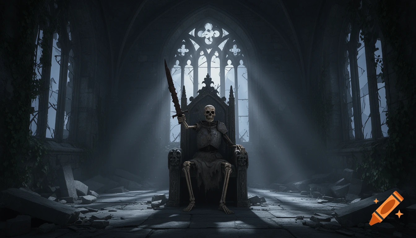 A skeleton in armor sits on a throne in a ruined gothic castle, holding a sword aloft as moonlight streams through a broken window.