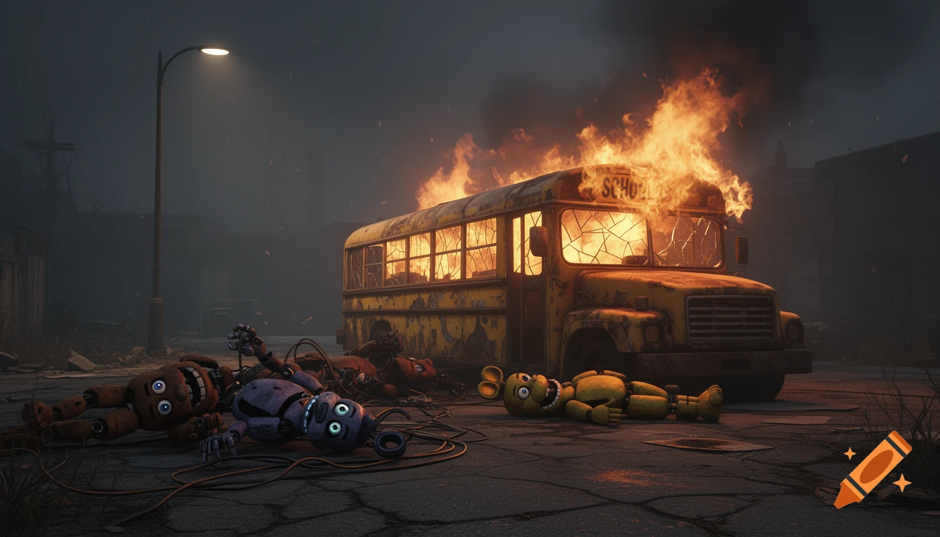 A photorealistic image of a burning yellow school bus on a dark, desolate street, with several Fnaf animatronics lying broken on the ground nearby.