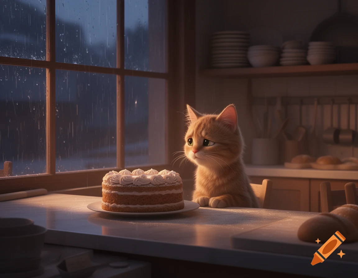 A cute animated orange cat sits at a bakery counter, looking sadly at a cake as rain falls outside a window.