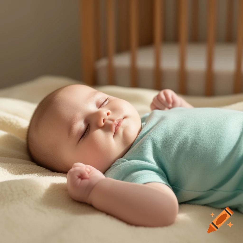 A baby in a light blue onesie sleeps peacefully on a cream blanket with soft sunlight on its face, a crib in the background.