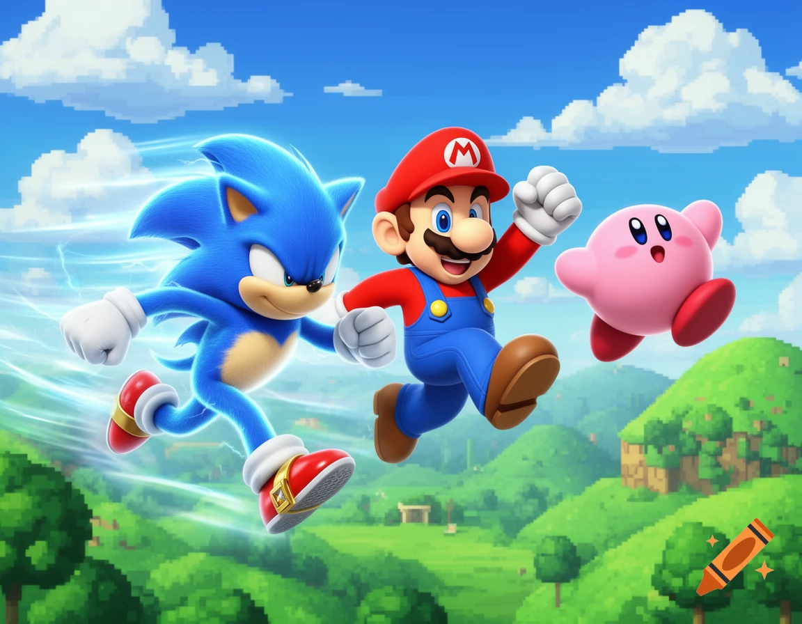 Sonic, Mario, and Kirby speed across a vibrant, pixelated green landscape under a blue sky.