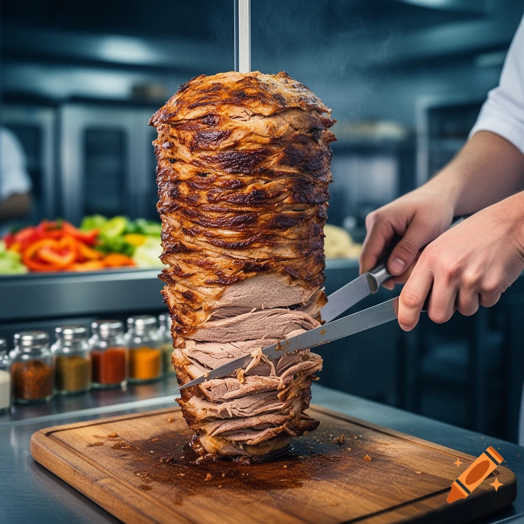 A chef slices a large, golden-brown döner kebab on a vertical spit, meat falling onto a wooden board. Fresh vegetables and spices are visible in the blurred background.