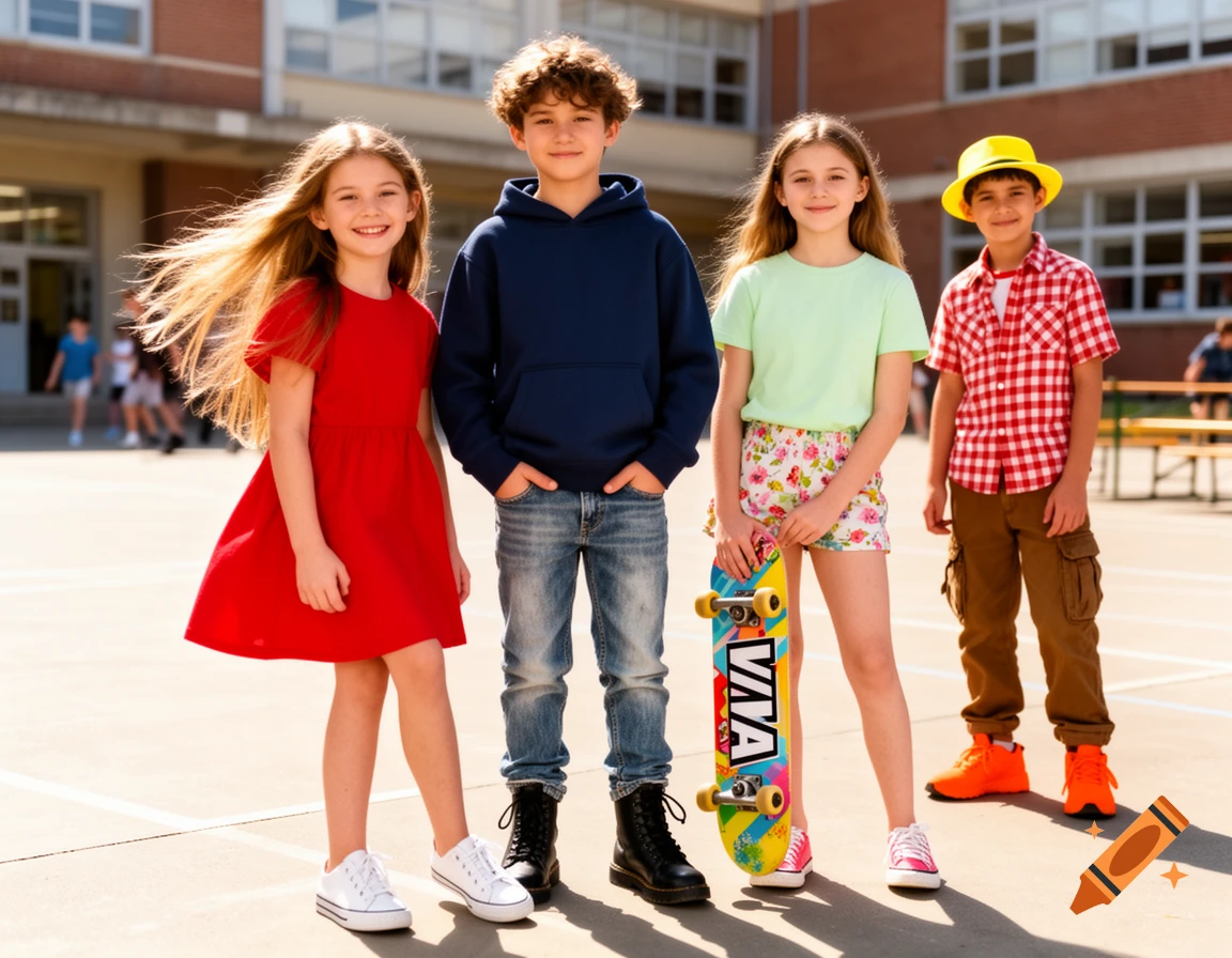 Four smiling children, two girls and two boys, stand outdoors in front of a school building. One girl holds a skateboard.