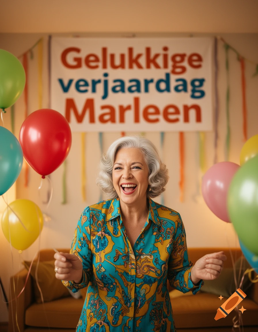 A laughing older woman in a colorful patterned shirt surrounded by balloons and a 'Gelukkige verjaardag Marleen' banner.