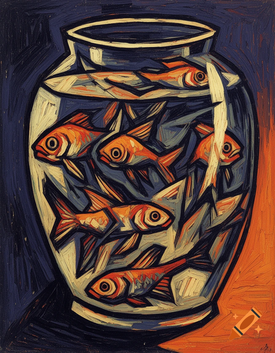German Expressionist painting of several orange goldfish in a glass jar, featuring bold, thick brushstrokes, sharp angles, and moody contrasting colors.