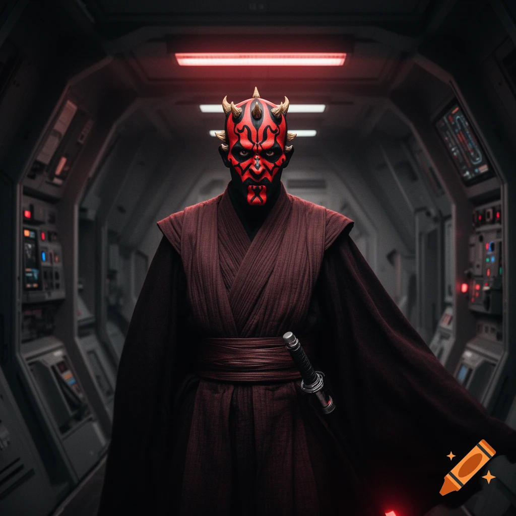 Darth Maul stands in a dark spaceship corridor, wearing his traditional robes and holding a lightsaber hilt, in a photorealistic style.