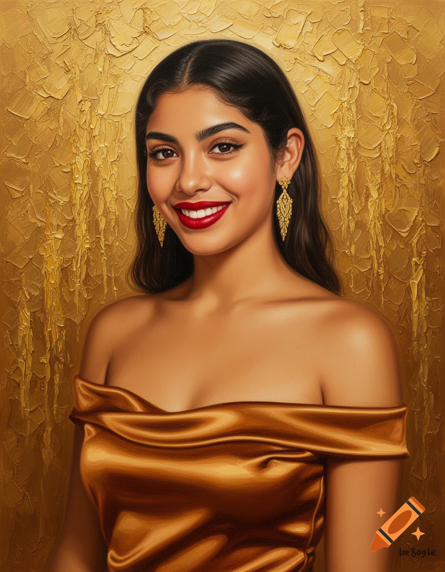Smiling Latina woman in an amber satin off-shoulder top and golden earrings, against a textured gold oil painting background.