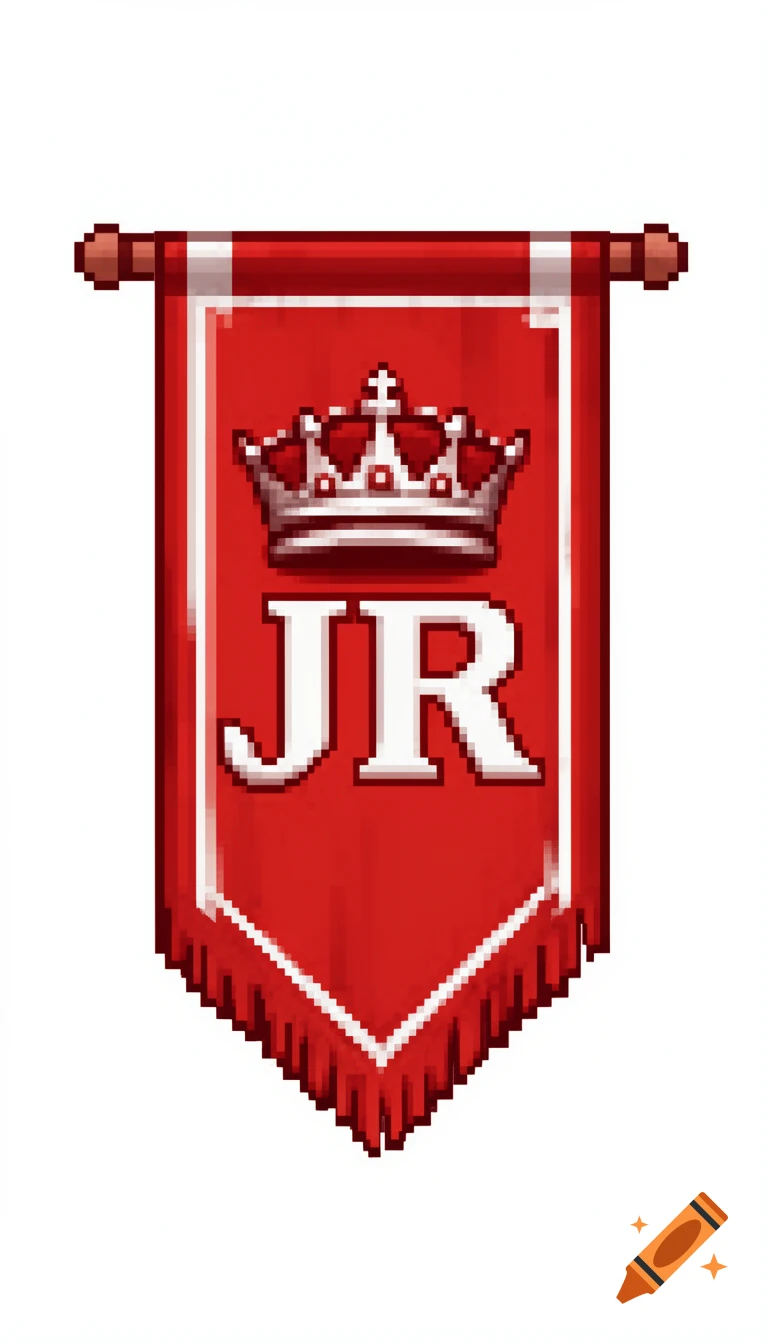 Red pixel art banner with a white crown above bold white 'JR' initials, designed as a medieval battle crest.