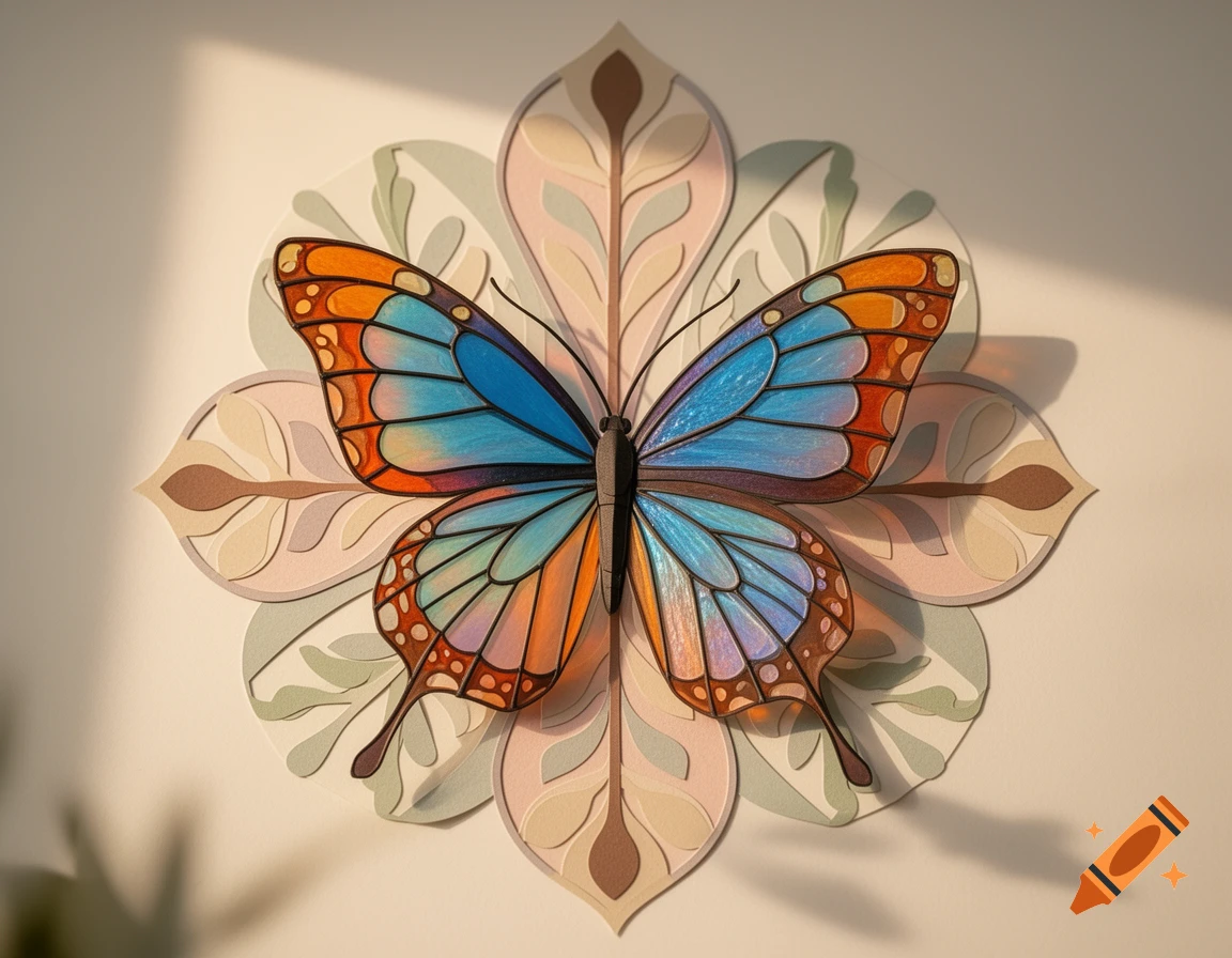 Vibrant paper art butterfly with blue and orange wings, resembling stained glass, layered over a symmetrical floral paper design on a wall.