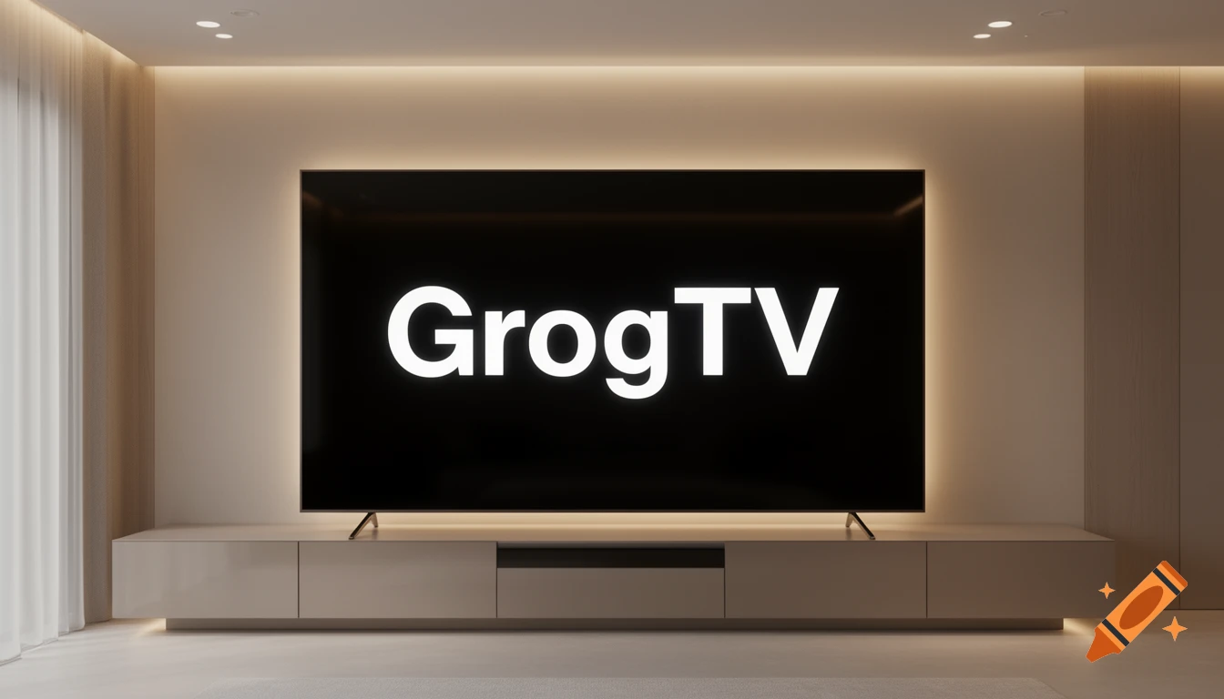 A large flat-screen TV displaying 'GrogTV' in a minimalist modern living room with soft backlighting.