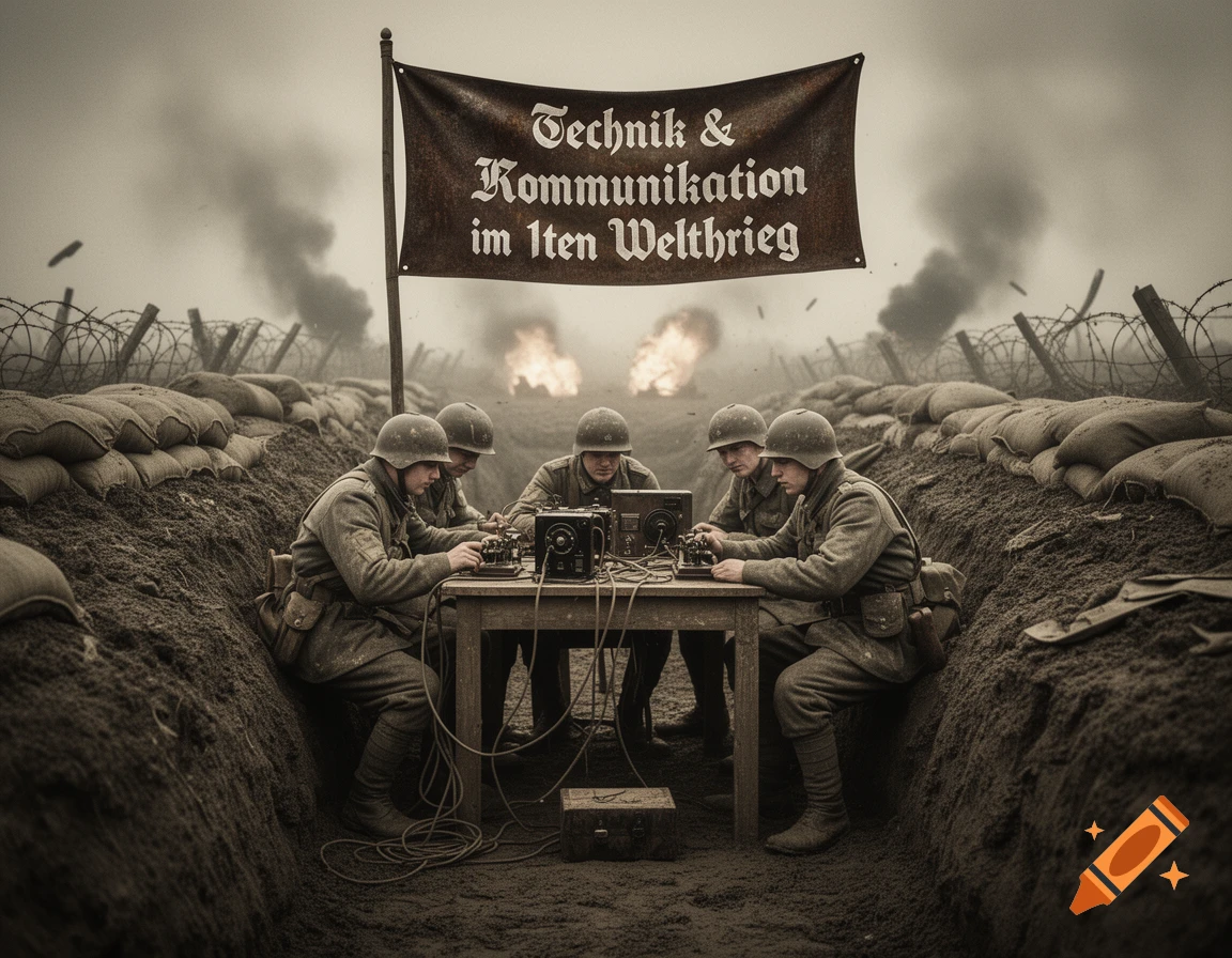 Sepia-toned image of World War I soldiers in a trench with communication equipment beneath a banner, amidst smoke and barbed wire.