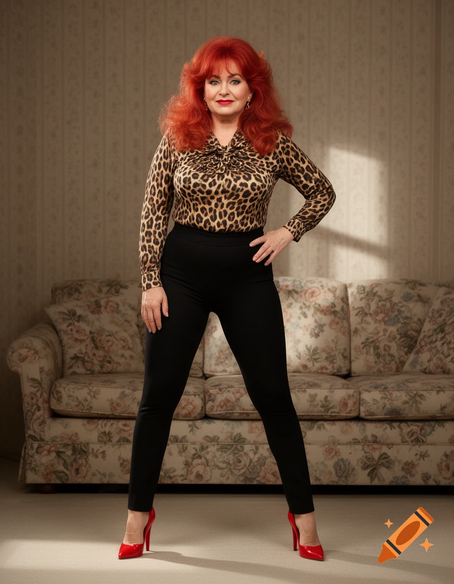 A woman with voluminous red hair in a leopard print top, black pants, and red heels poses in front of a floral couch.