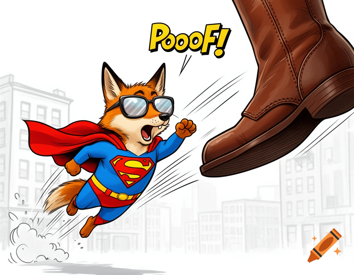 Cartoon fox in Superman costume and sunglasses getting kicked by a large brown boot, with "PooOF!" text, comic art style.