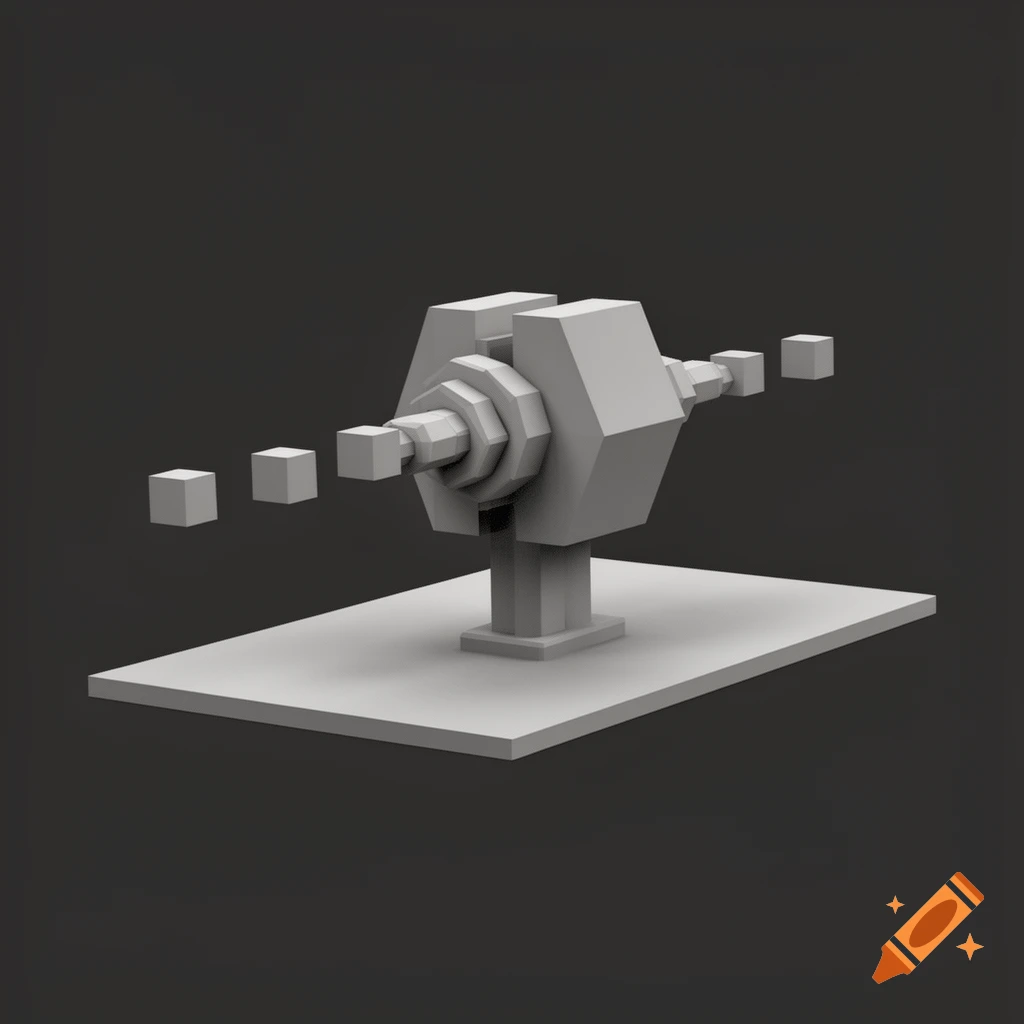 A low-polygon grey geometric object resembling a turret, firing small cubes, on a flat base against a dark grey background.