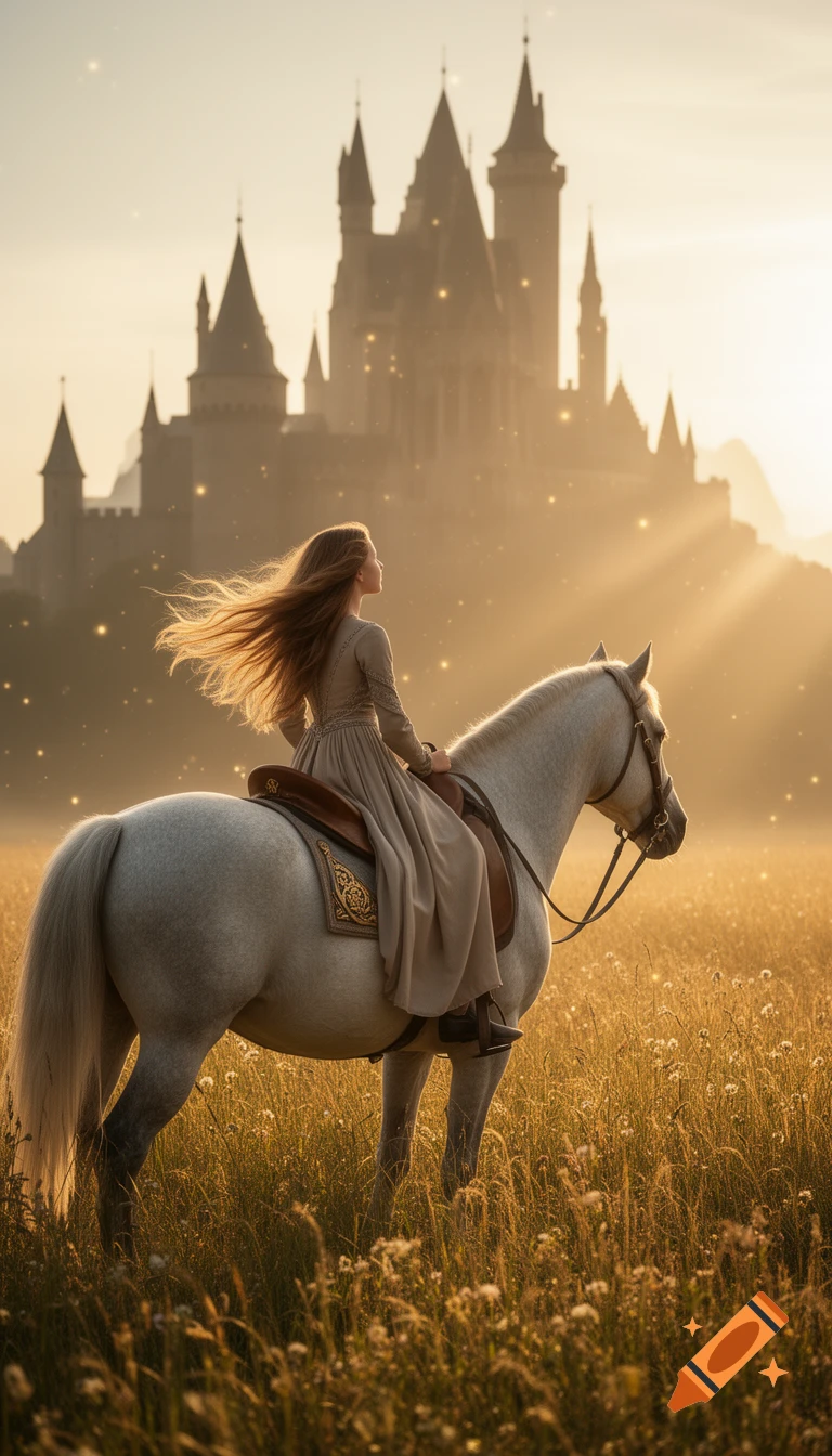 A young girl on a light gray horse gazes at a fairytale castle in a golden, misty meadow at sunset.