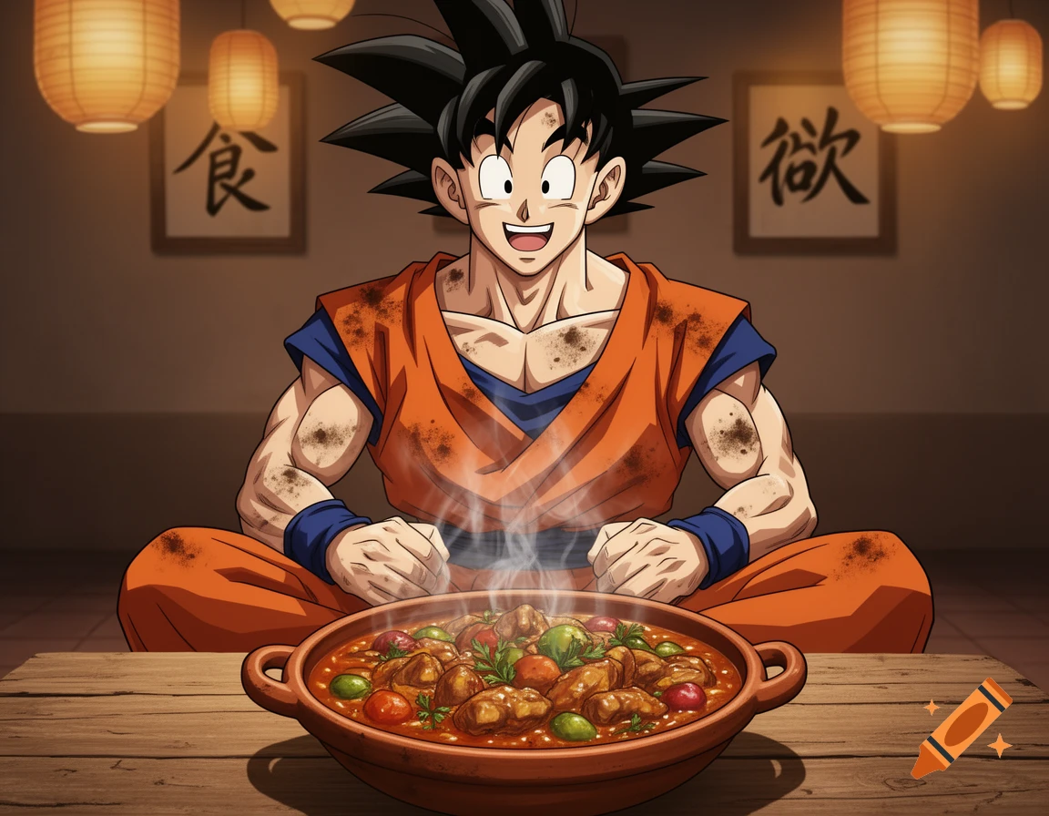 Anime style depiction of Goku in an orange gi, sitting in a restaurant, excitedly looking at a steaming pot of food.